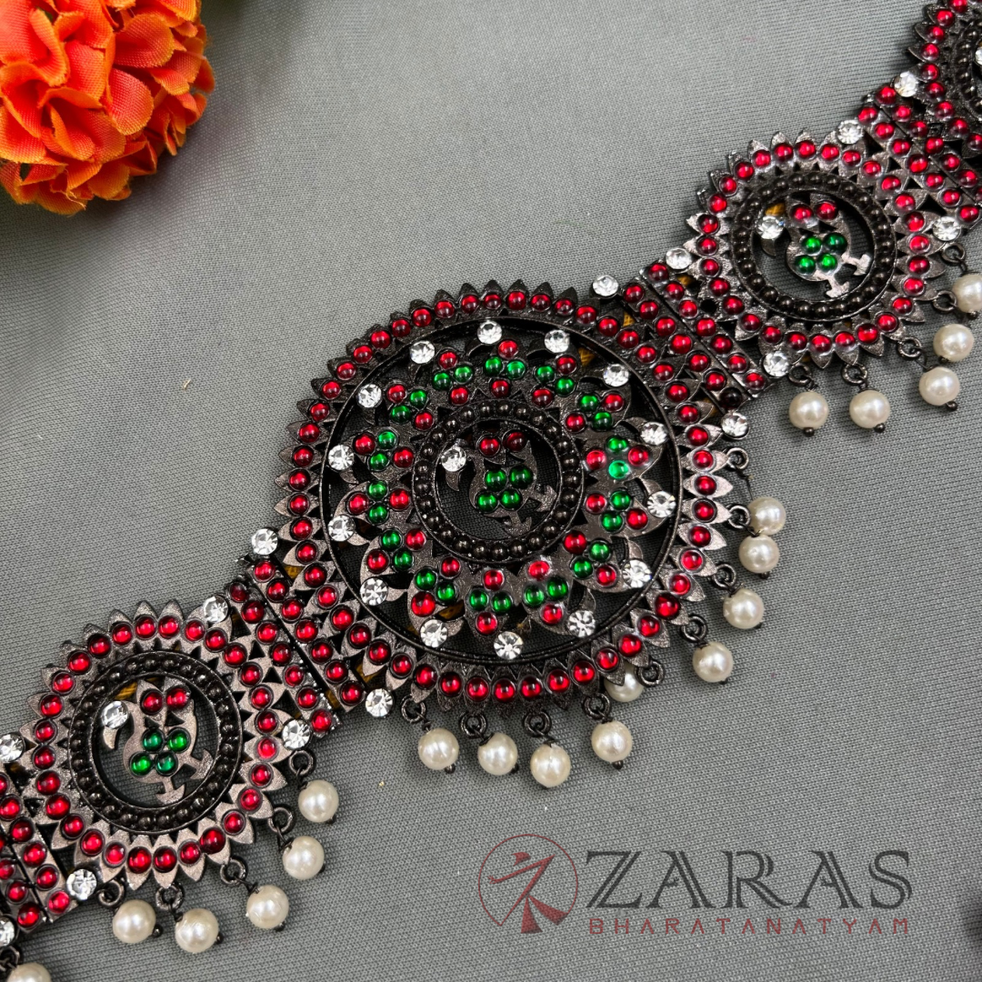 Bharatanatyam Dance Jewellery Black - Round Peacock RG Kemp CS Hip Belt (Ottiyanam) image 2
