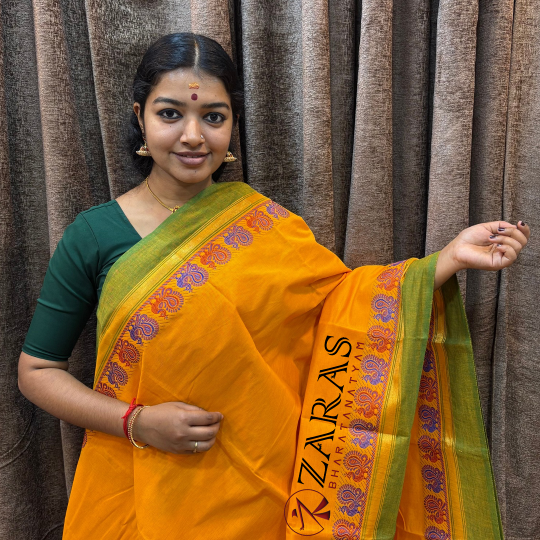 Bharatanatyam Dance Practice Saree - Mango Yellow Green Small Peacock Border image 0