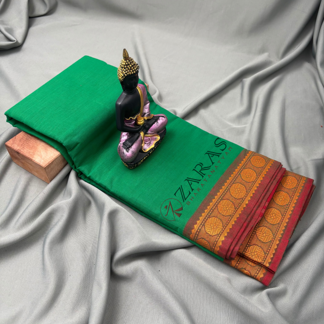 Bharatanatyam Dance Practice Saree - Green with Brown Single Coin Border image 1