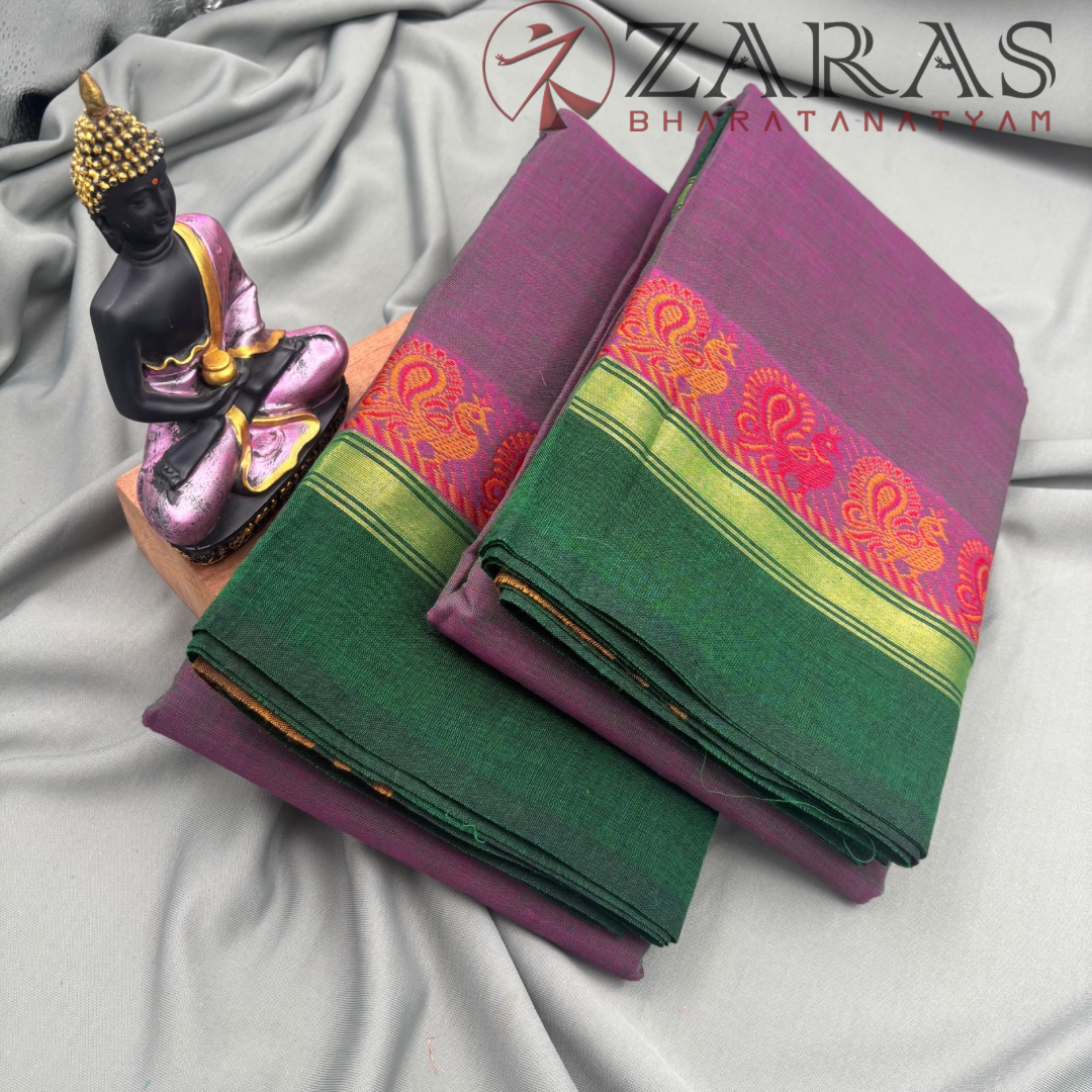 Dance Practice Saree - Purple Wine with Green Small Peacock Border image 1