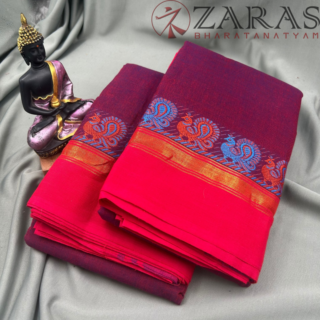Bharatanatyam Dance Practice Saree - Magenta with Pink S Peacock Border image 1