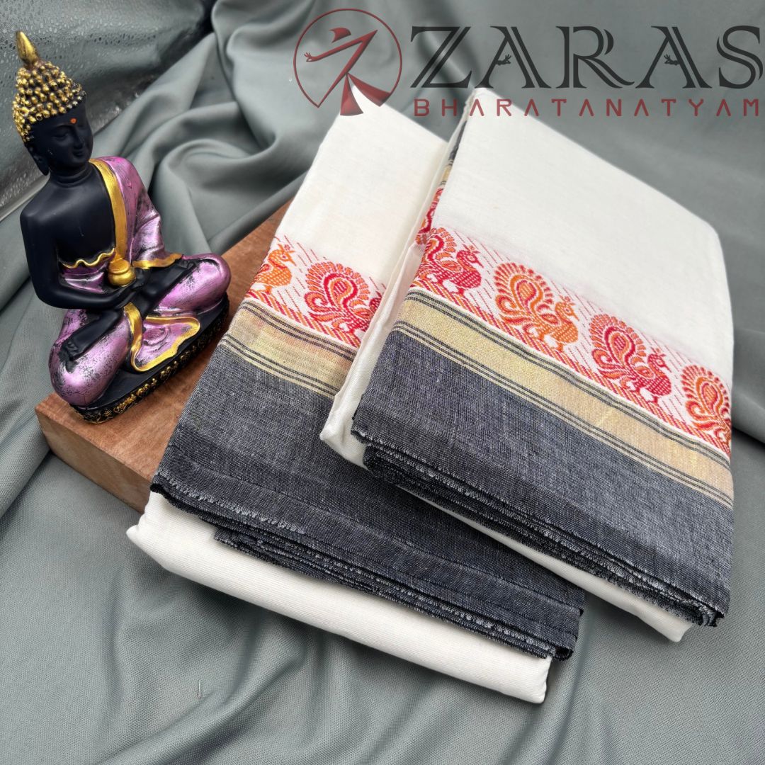Bharatanatyam Dance Practice Saree - White Grey Small Peacock Border image 1