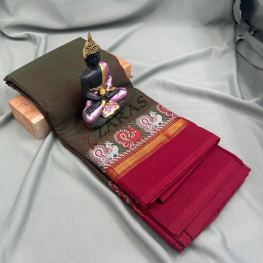 Bharatanatyam Dance Practice Saree - Brown Mix Green with Red S Peacock Border image 0