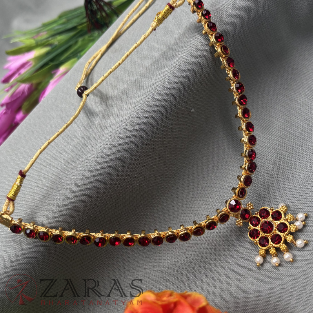 Bharatanatyam Dance Jewellery - Necklace 1 Line Attigai & Flower Maroon Stone image 1