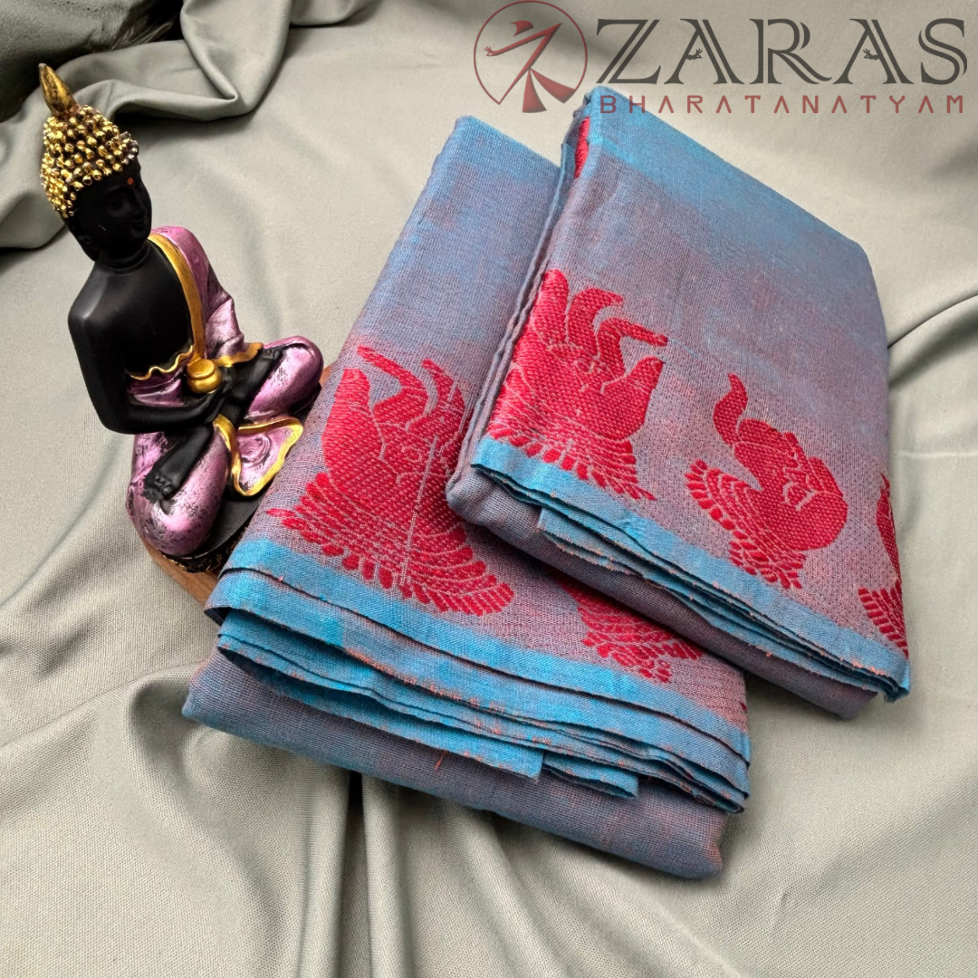 Bharatanatyam Dance Practice Saree - Blue with Red Mudra Border image 2