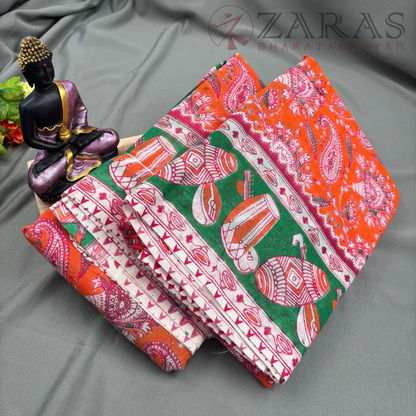 Bharatanatyam Dance Practice Saree - Orange With Green Kalamkari Saree image 1