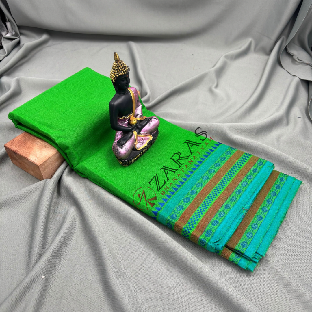 Bharatanatyam Dance Practice Saree - Light Green with Blue Double Coin Border image 1