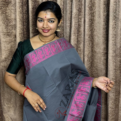 Bharatanatyam Dance Practice Saree - Grey with Pink Doll Border image 0