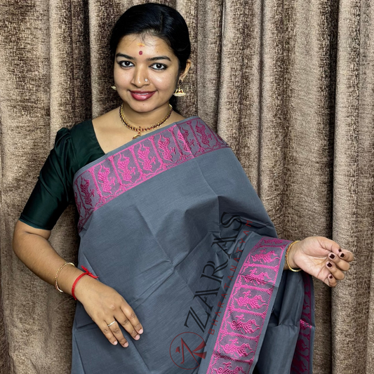 Bharatanatyam Dance Practice Saree - Grey with Pink Doll Border image 0