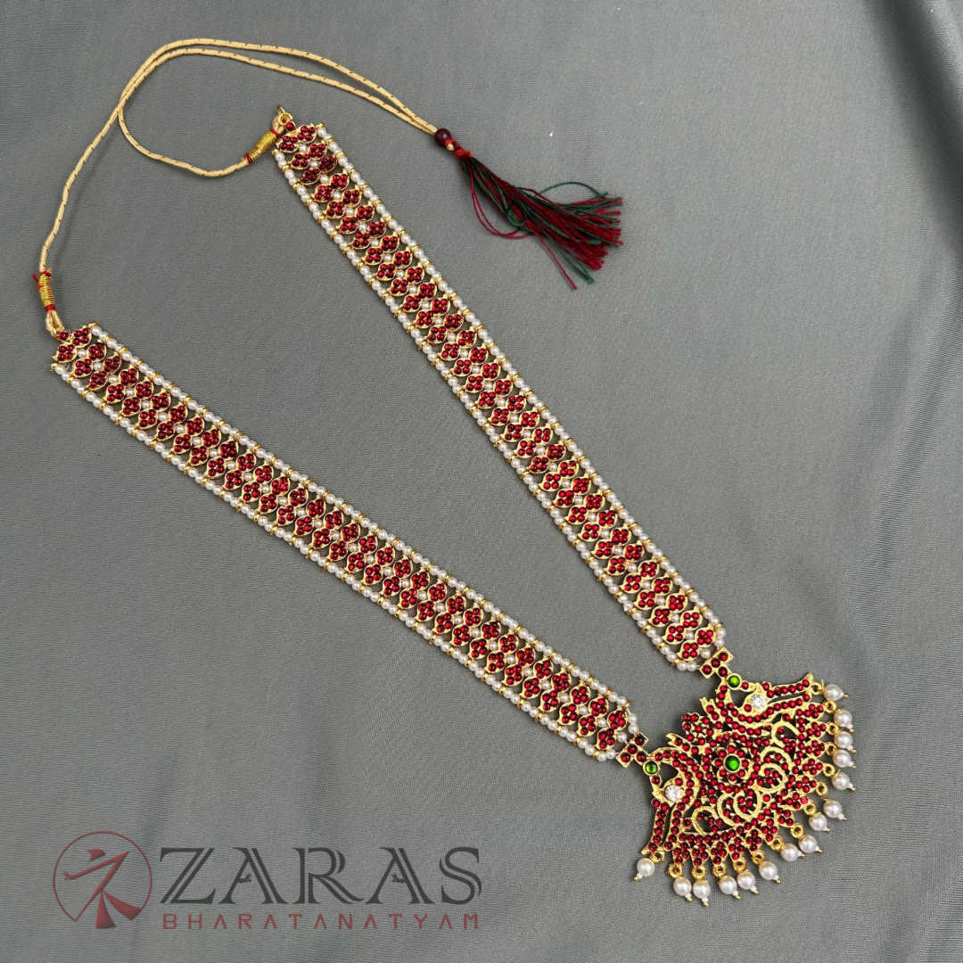 Bharatanatyam Dance Jewellery - Peacock with Mee Pearls RG Kemp Haaram / Long Chain image 2