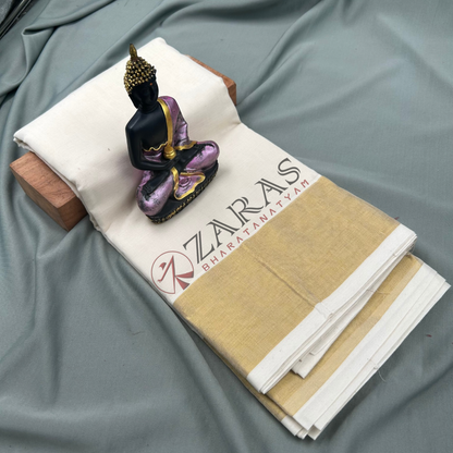 Bharatanatyam Dance Practice Saree - White with Gold Plain Border image 0