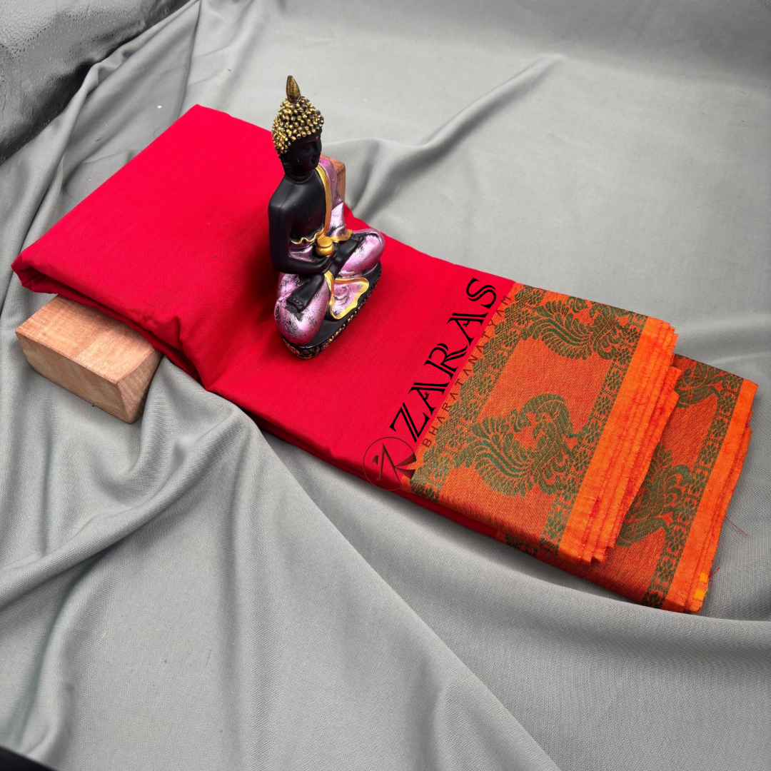 Bharatanatyam Dance Practice Saree - Red Green Peacock Border image 1