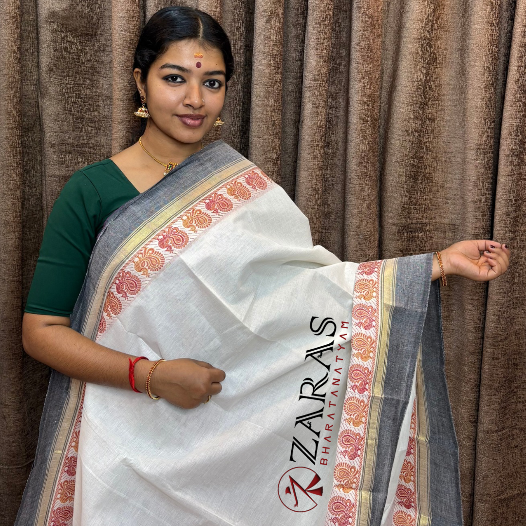 Bharatanatyam Dance Practice Saree - White Grey Small Peacock Border image 0