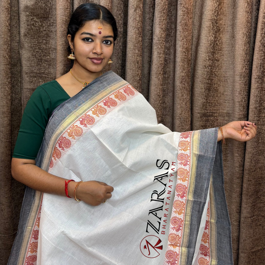 Bharatanatyam Dance Practice Saree - White Grey Small Peacock Border image 0