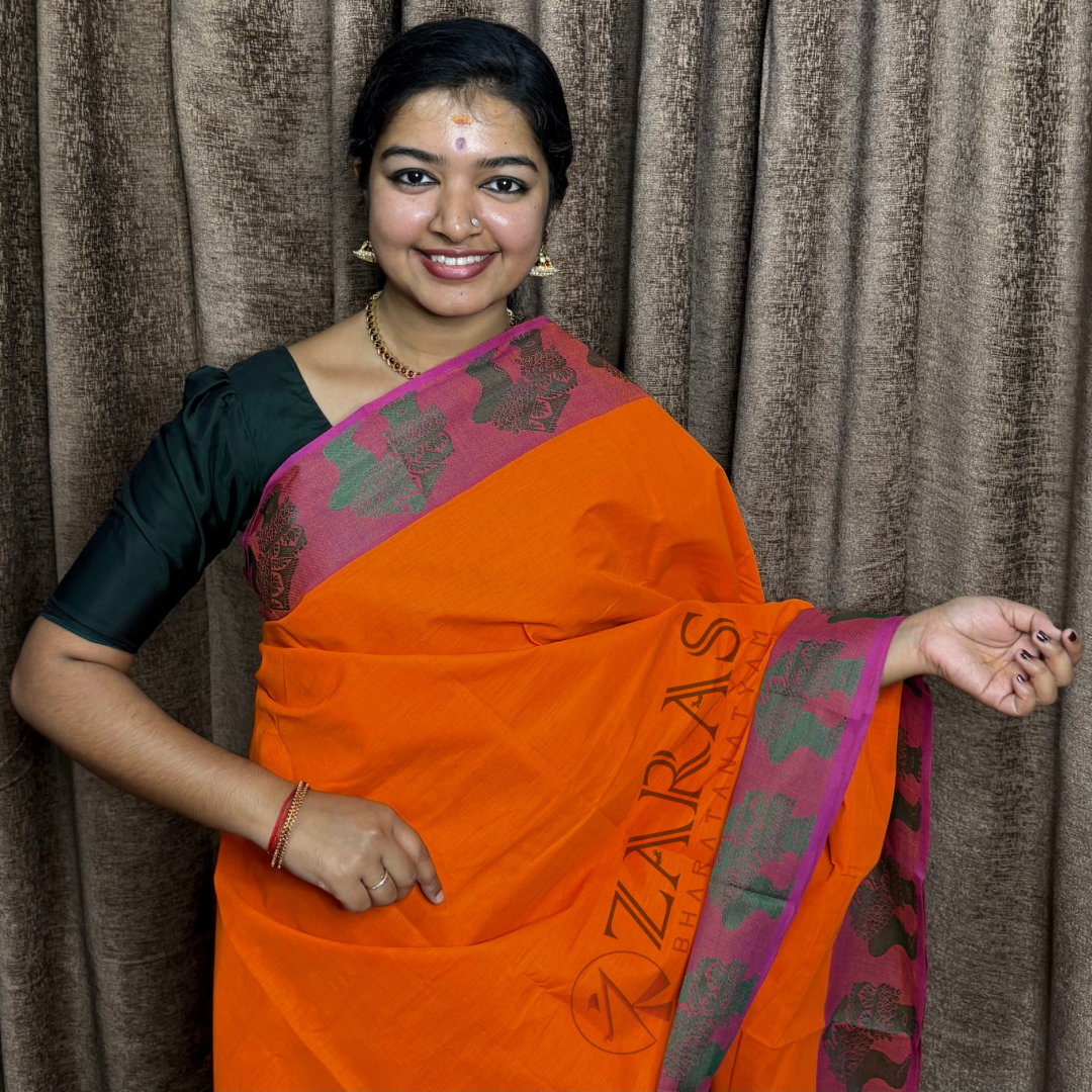 Bharatanatyam Dance Practice Saree - Orange with Pink Green Salangai Border image 0