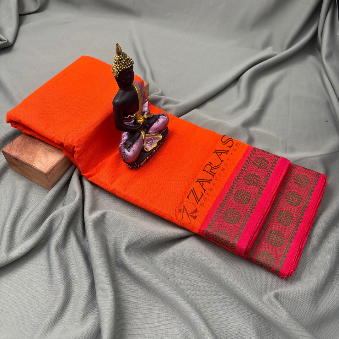 Bharatanatyam Dance Practice Saree - Orange with Red Single Coin Border image 1