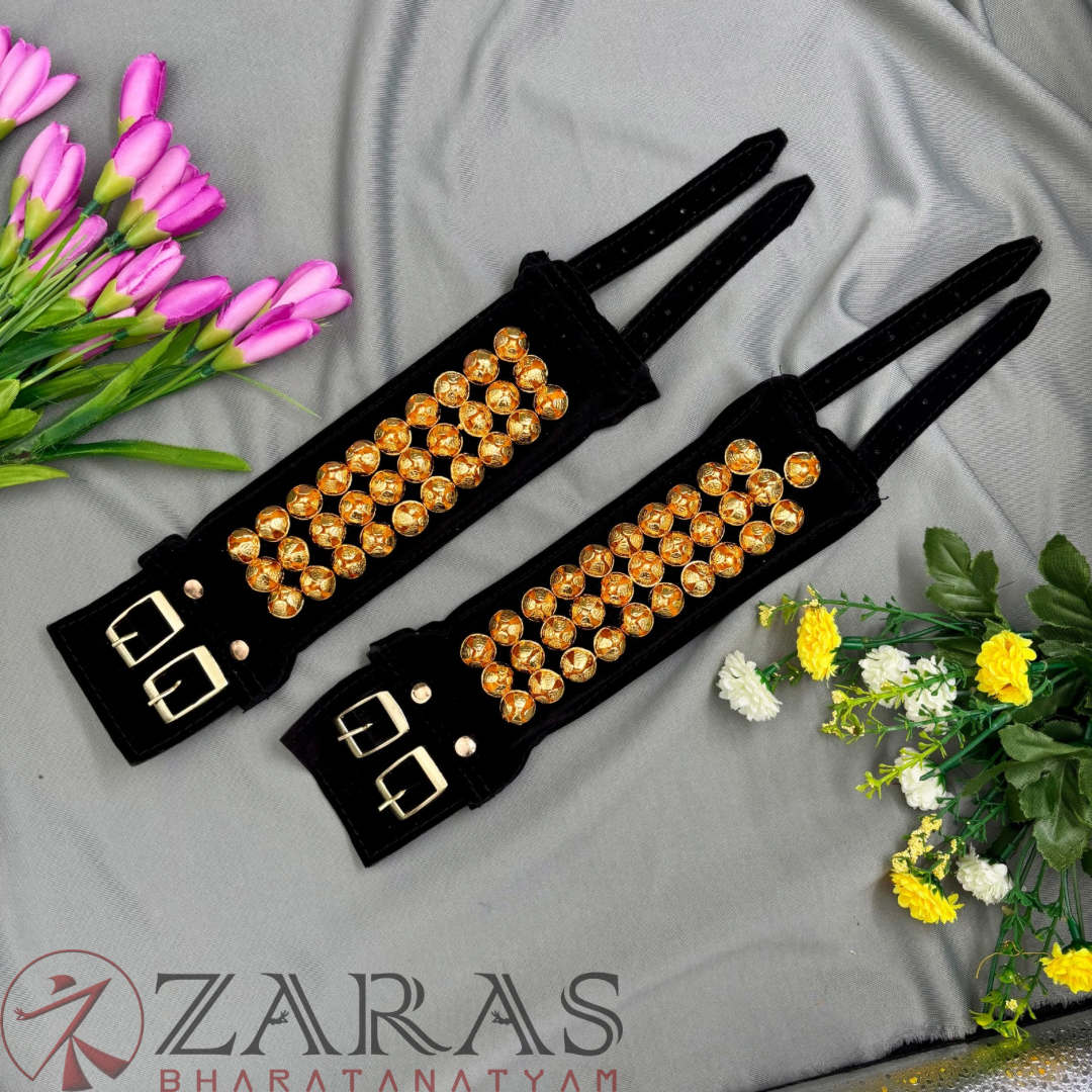 Bharatanatyam Dance Salangai - 3 Line Velvet Ankle Bells (Black) GOLD POLISHED image 0