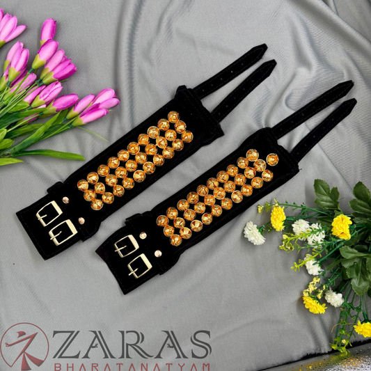 Bharatanatyam Dance Salangai - 3 Line Velvet Ankle Bells (Black) GOLD POLISHED image 0