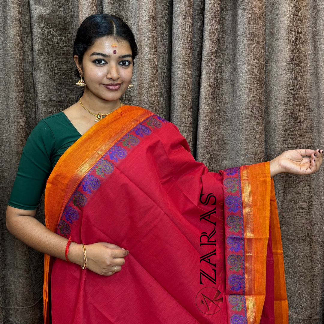 Bharatanatyam Dance Practice Saree - Red Yellow Small Peacock Border image 0