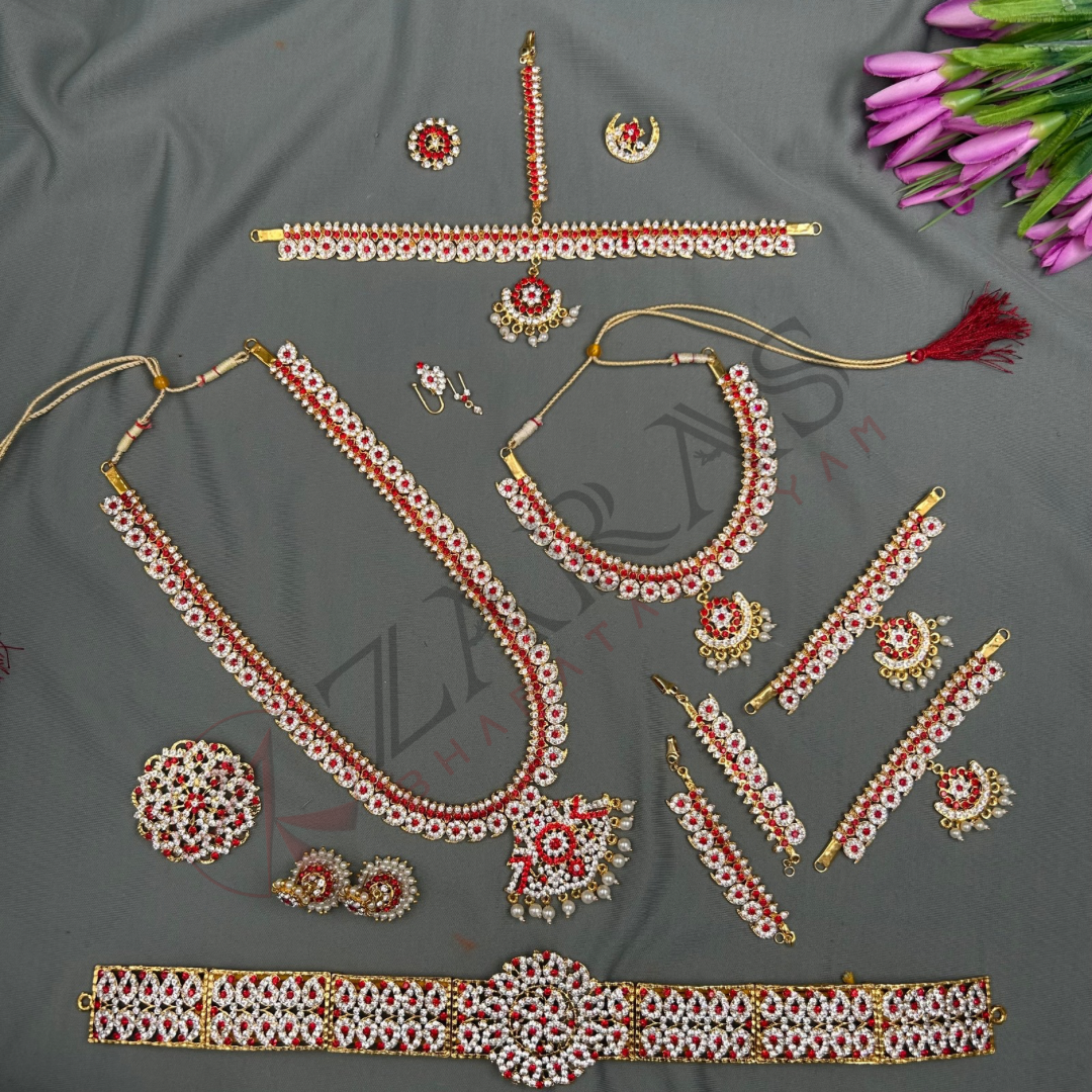 Bharatanatyam Dance Jewellery - Manga Full Set White Red Stone image 0