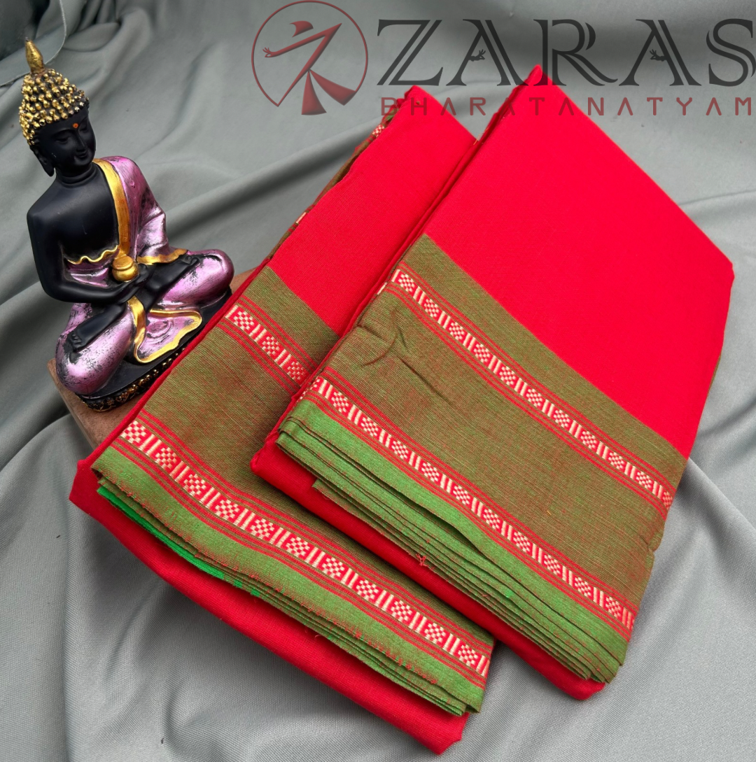 Bharatanatyam Dance Practice Saree - Red with Green Flower Border image 1