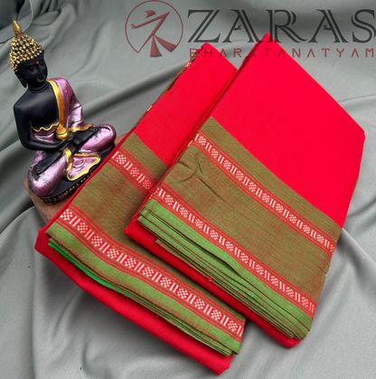 Bharatanatyam Dance Practice Saree - Red with Green Flower Border image 1