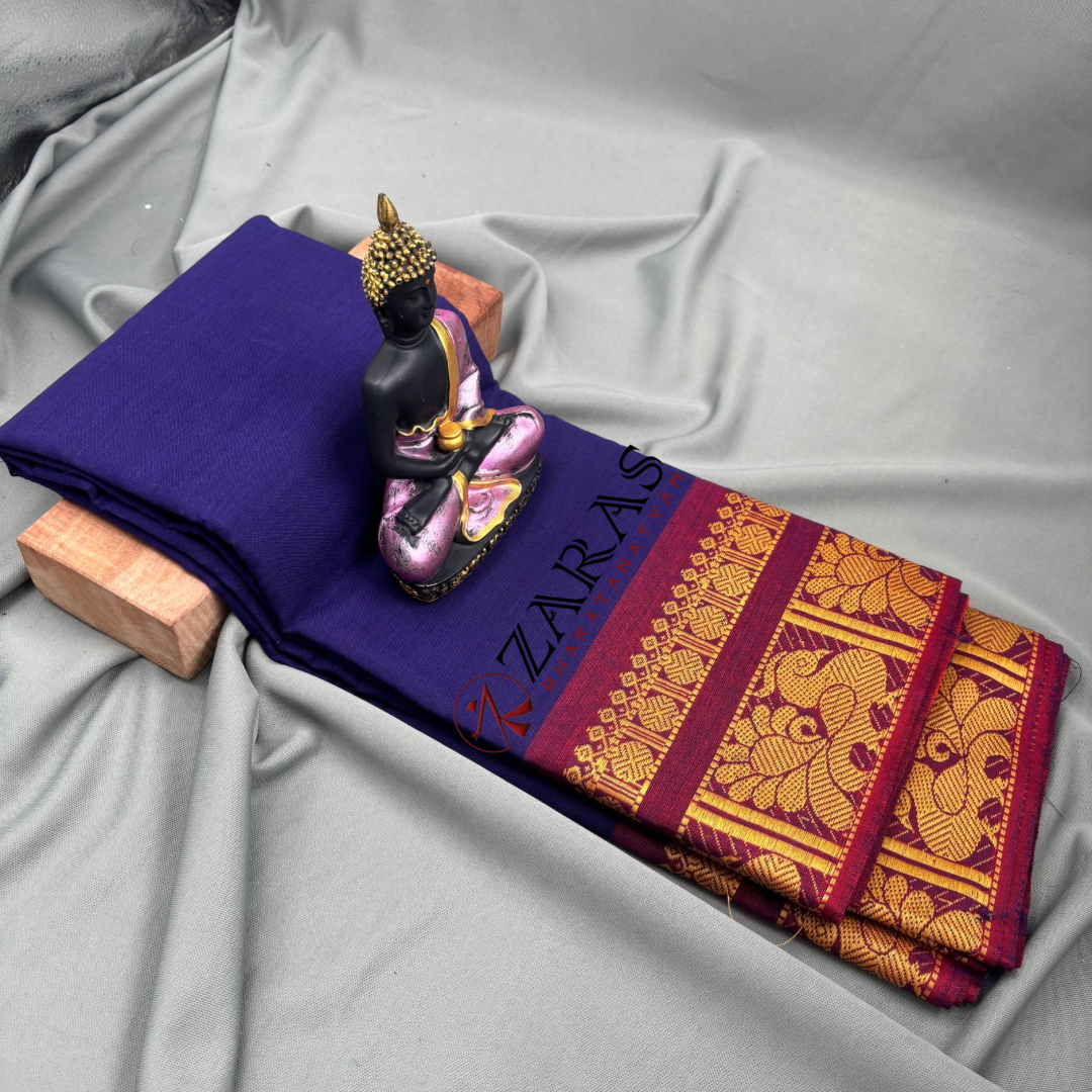 Bharatanatyam Dance Practice Saree - Blue D Gold Big Peacock Border image 1