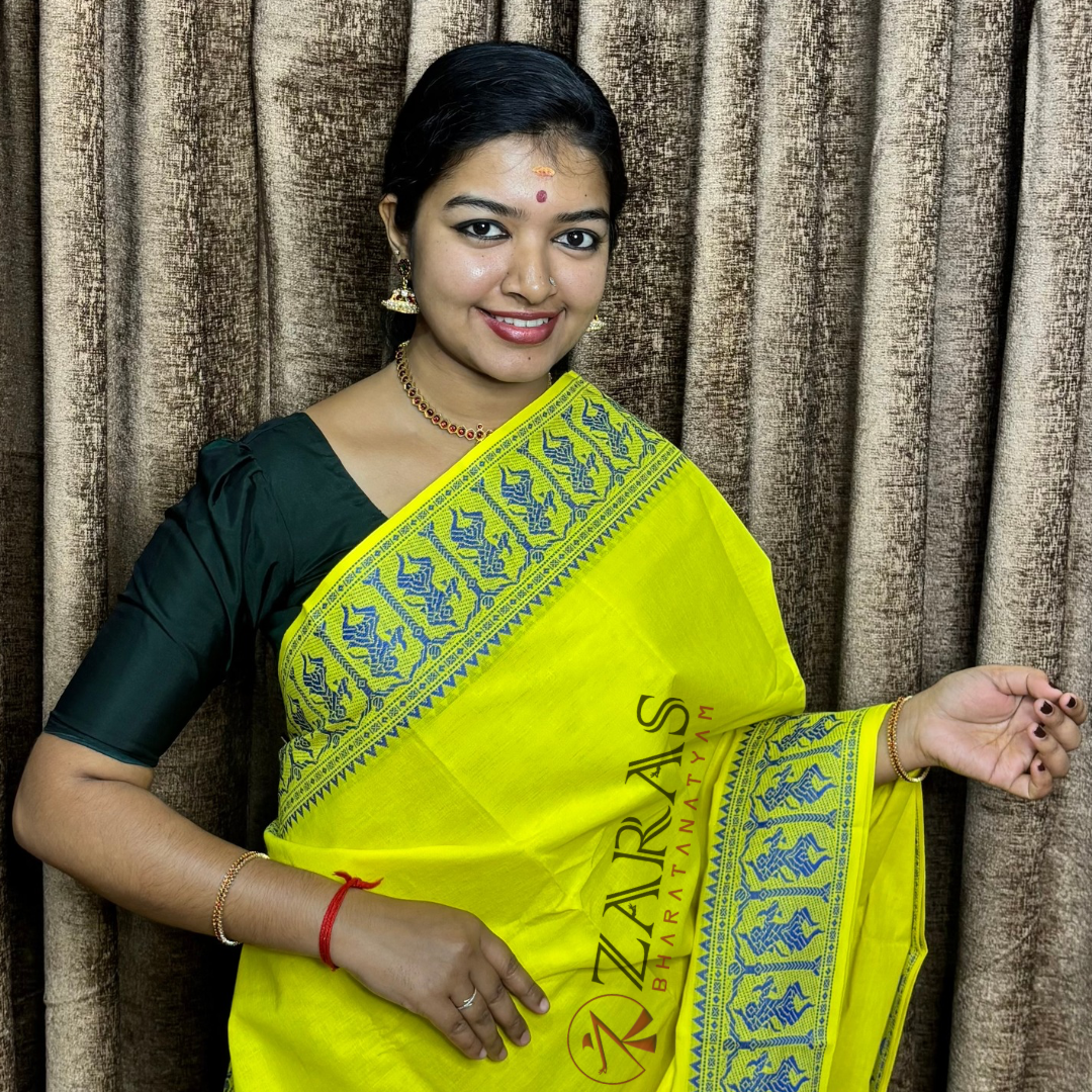 Bharatanatyam Dance Practice Saree - Lemon Yellow With Blue Doll Border image 0