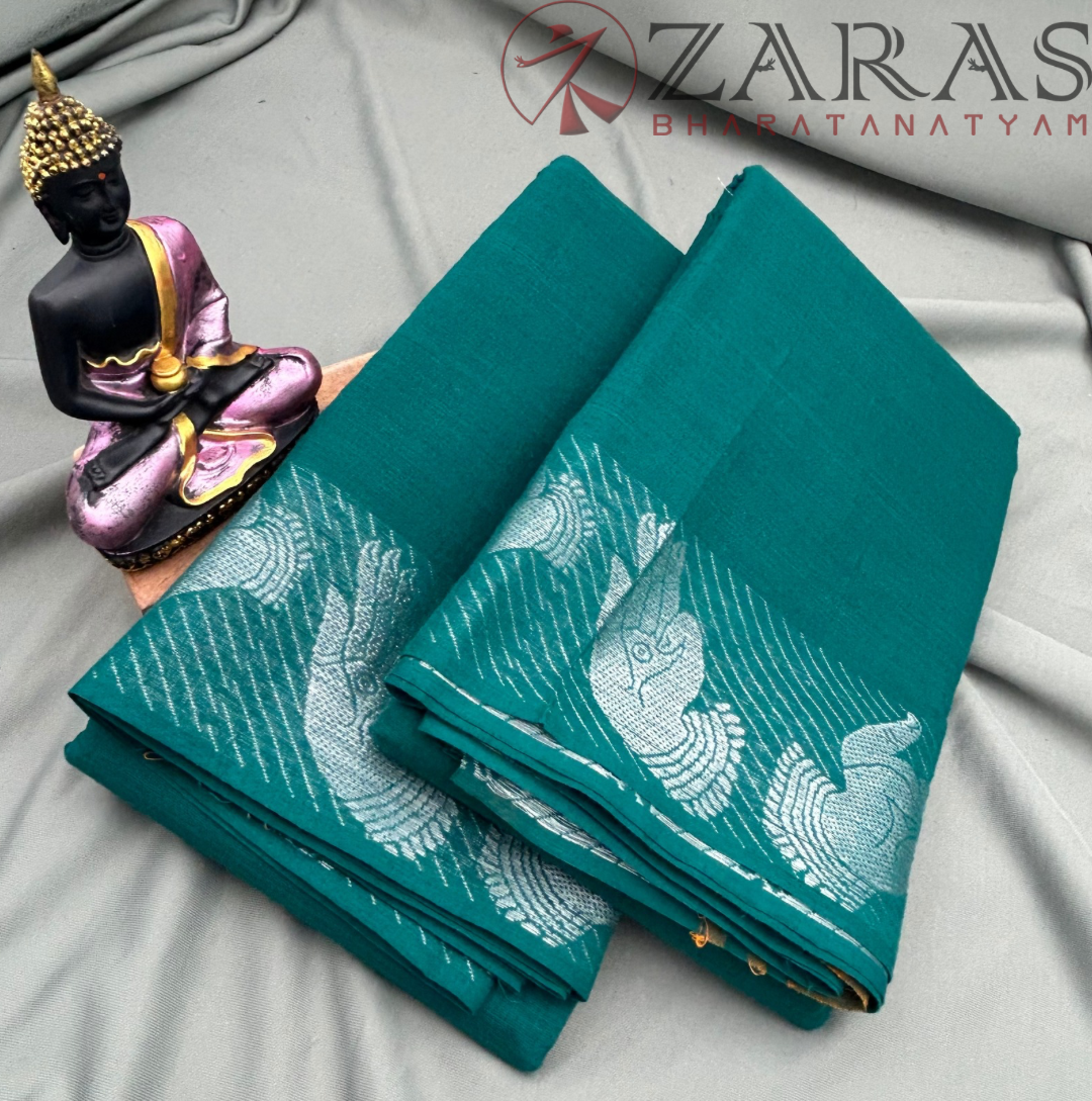 Bharatanatyam Dance Practice Saree - Peacock Blue with Silver Mudra Border image 1