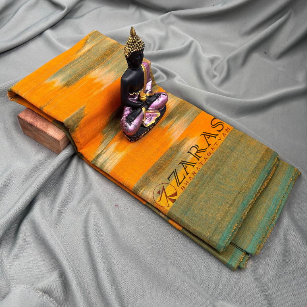 Bharatanatyam Dance Practice Saree - M yellow Green Mixed Ikkat Border image 1