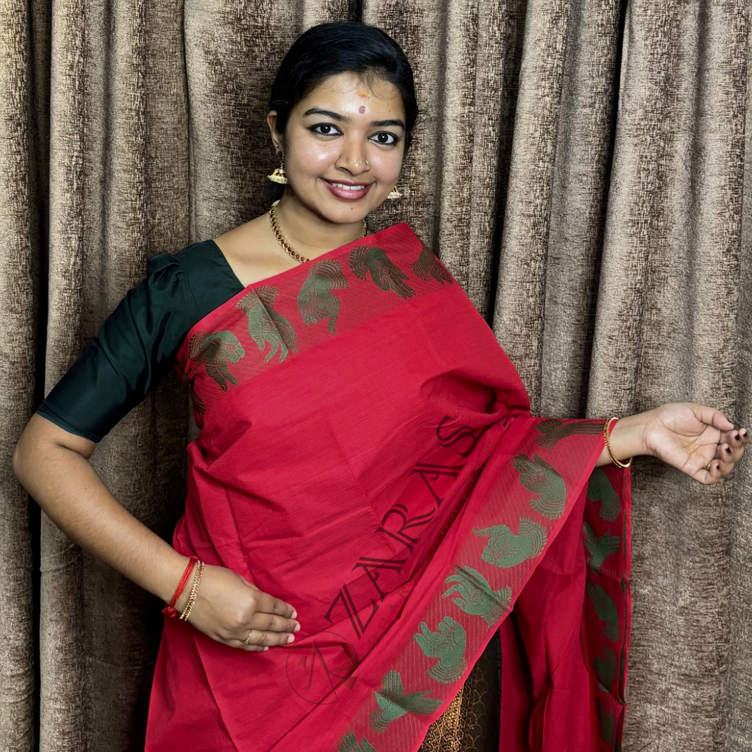 Bharatanatyam Dance Practice Saree - Red with Green Mudhra Border image 0