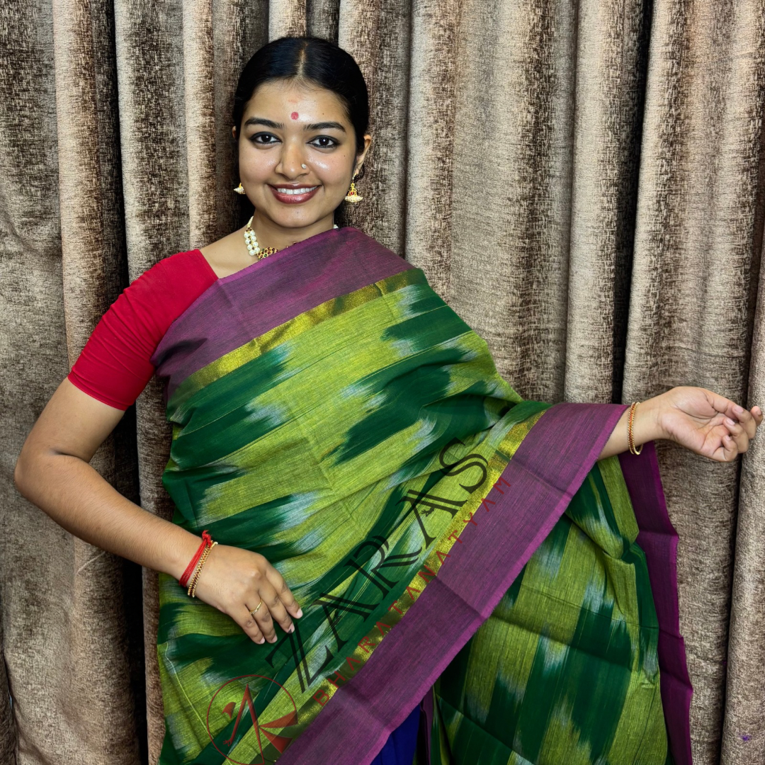 Bharatanatyam Dance Practice Saree - Green with Purple Ikkat Design image 0