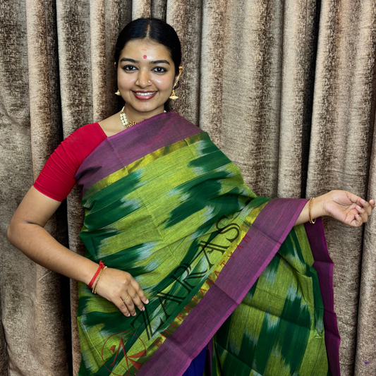 Bharatanatyam Dance Practice Saree - Green with Purple Ikkat Design image 0