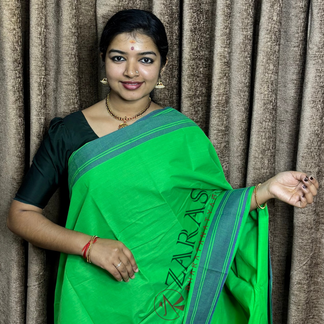 Bharatanatyam Dance Practice Saree - Green With Blue Plain Border image 0