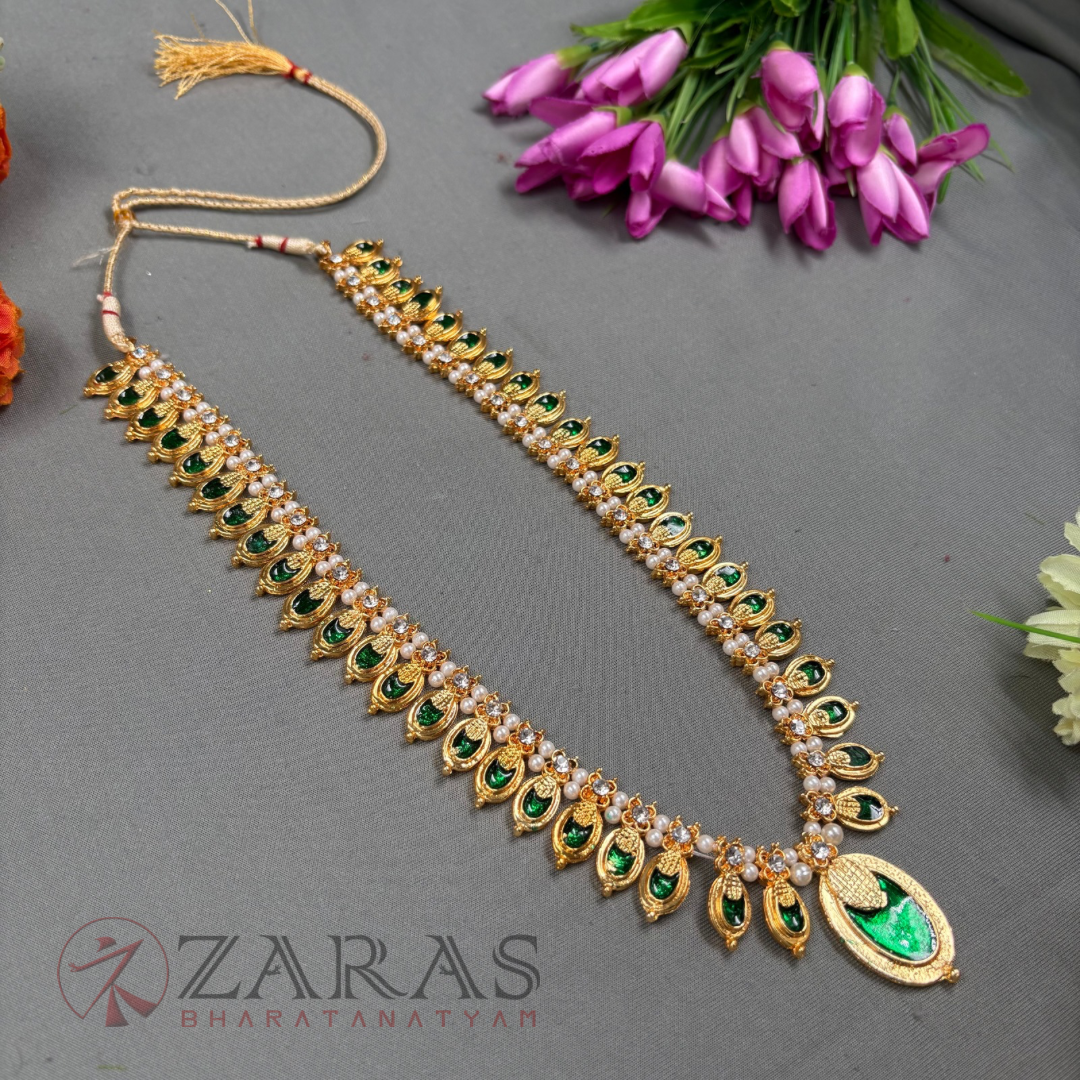 Bharatanatyam Dance Jewellery Haaram - Flower Green Enamel CS Maalai / Long Haaram image 1