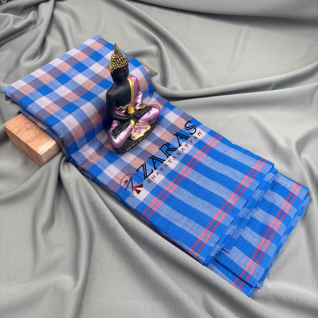 Dance Practice Saree - Blue with White Checked Plain Border image 0