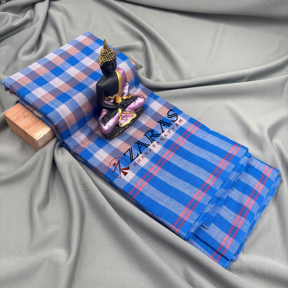 Dance Practice Saree - Blue with White Checked Plain Border image 0