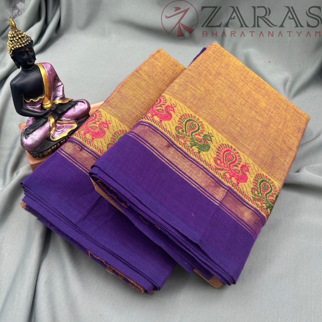 Bharatanatyam Dance Practice Saree - Golden Yellow with Purple S Peacock Border image 1