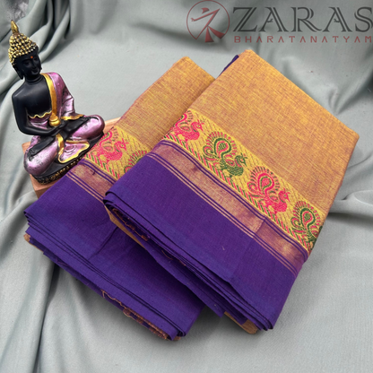 Bharatanatyam Dance Practice Saree - Golden Yellow with Purple S Peacock Border image 1
