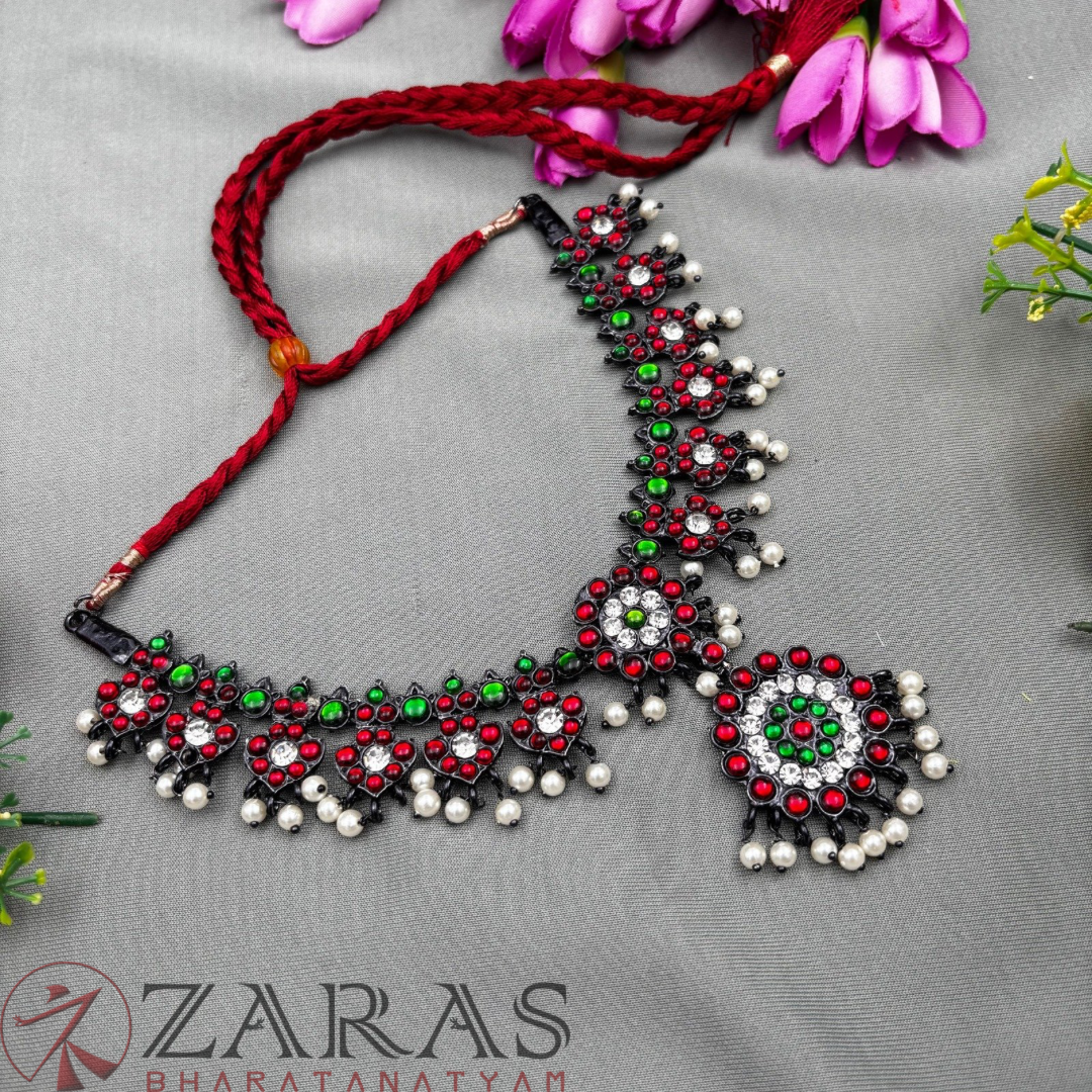Bharatanatyam Dance Jewellery Black - Necklace Flower Leaf RG Kemp CS pearls image 1