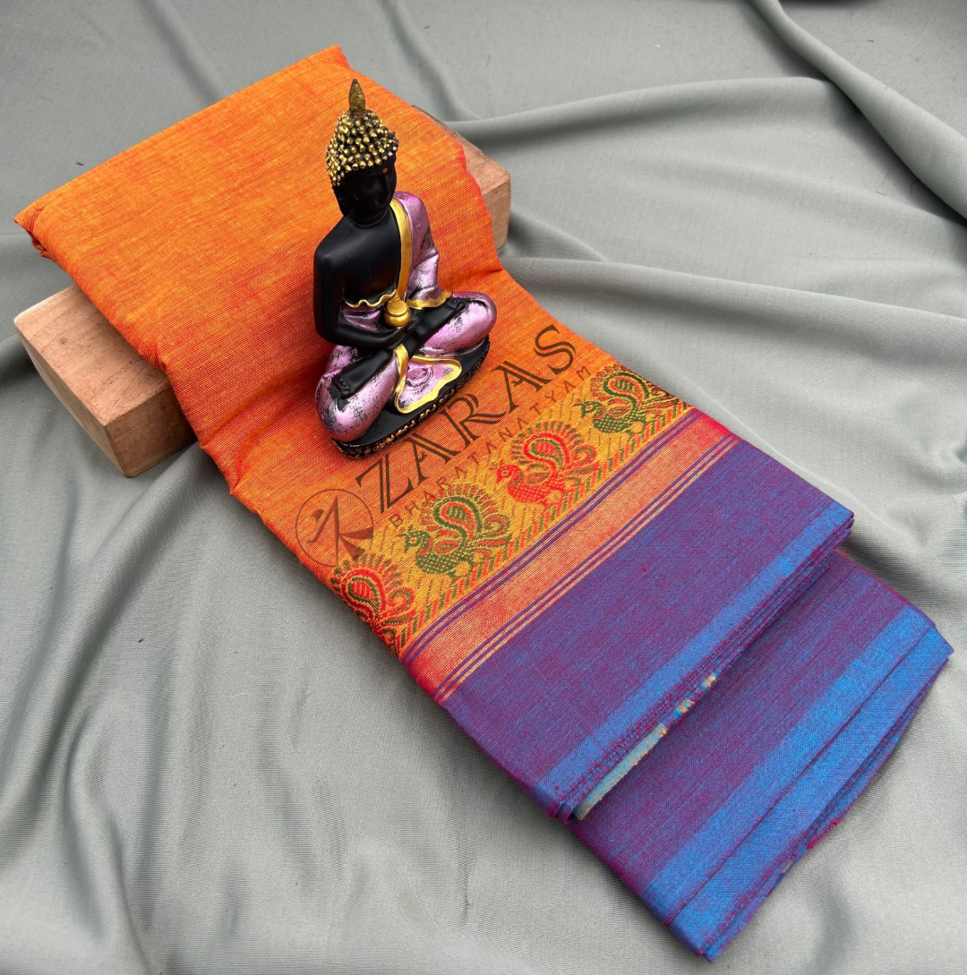 Bharatanatyam Dance Practice Saree - D Shade Orange with Blue Small Peacock Border image 0