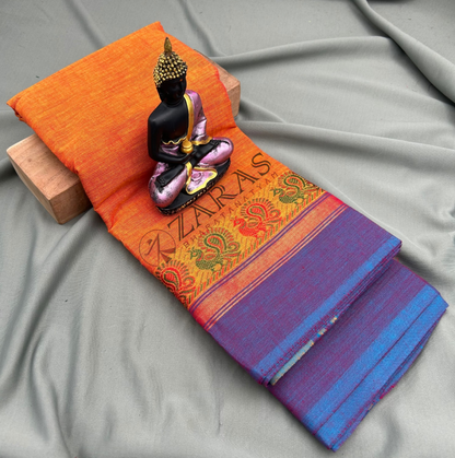 Bharatanatyam Dance Practice Saree - D Shade Orange with Blue Small Peacock Border image 0