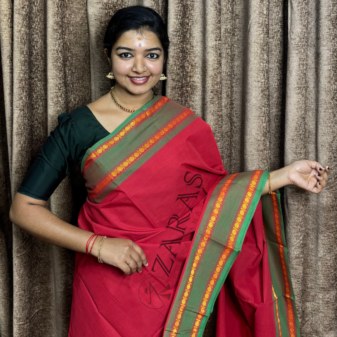 Bharatanatyam Dance Practice Saree - Red with Green Coin Border image 0