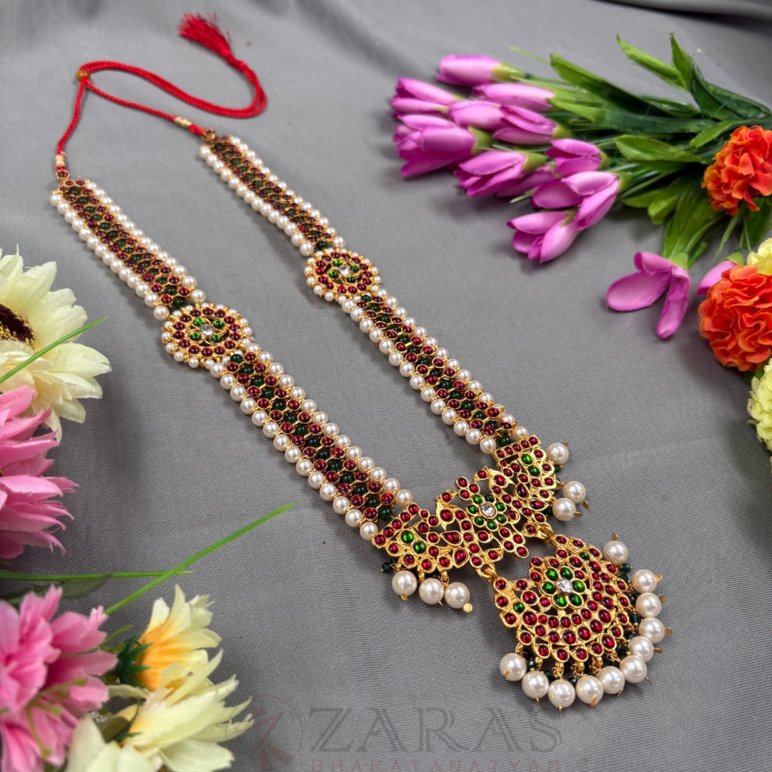 Bharatanatyam Dance Jewellery Haaram - Peacock CG Balls RG Kemp Maalai / Long Beads image 1
