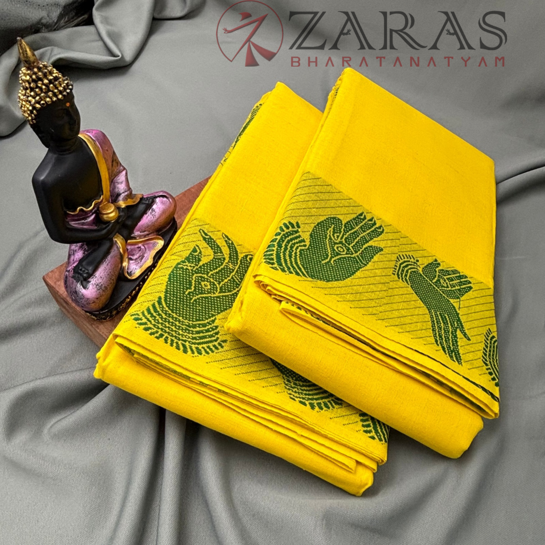 Bharatanatyam Dance Practice Saree - Lemon Yellow with Green Mudhra Border image 2