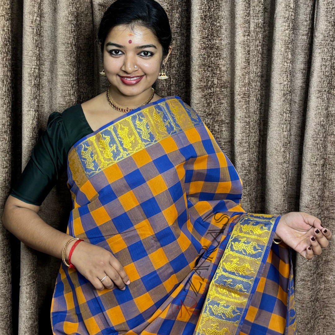 Bharatanatyam Dance Practice Saree - M Yellow and Blue Checked With Gold Doll Border image 0