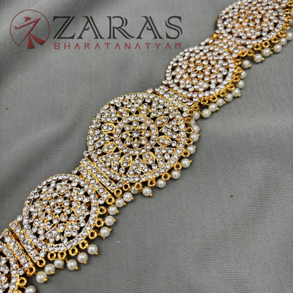 Bharatanatyam Dance Jewellery - White Stone Round Hip Belt (Ottiyanam) image 2