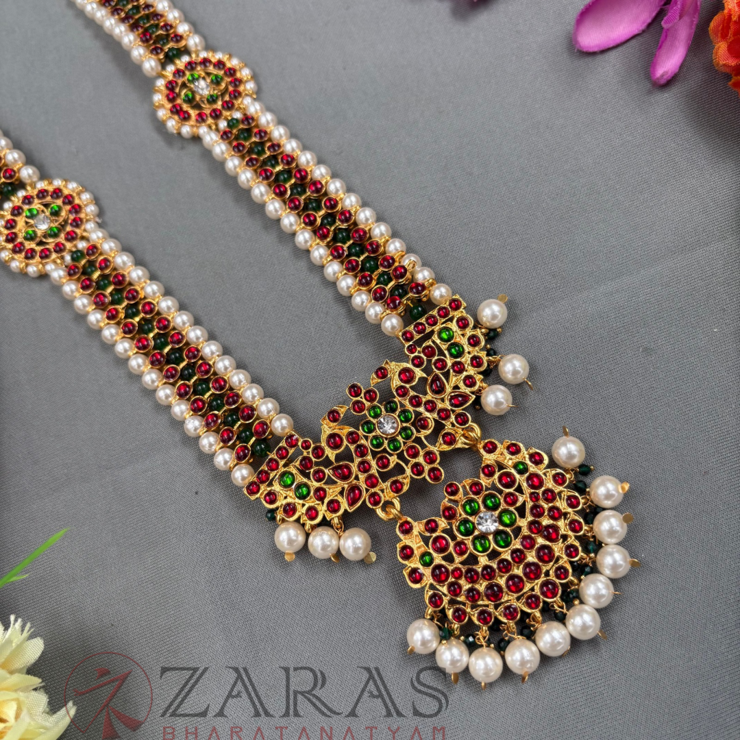 Bharatanatyam Dance Jewellery Haaram - Peacock CG Balls RG Kemp Maalai / Long Beads image 2