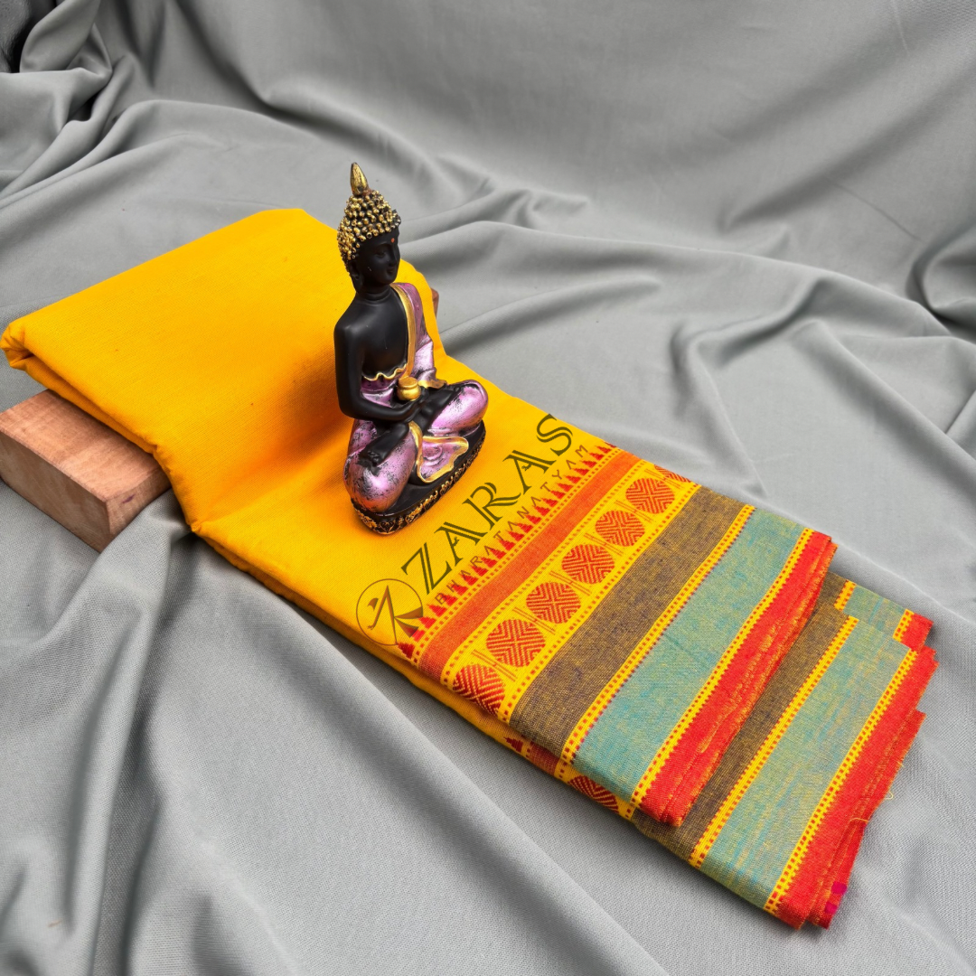 Bharatanatyam Dance Practice Saree - Yellow with Red Temple Coin Border image 1
