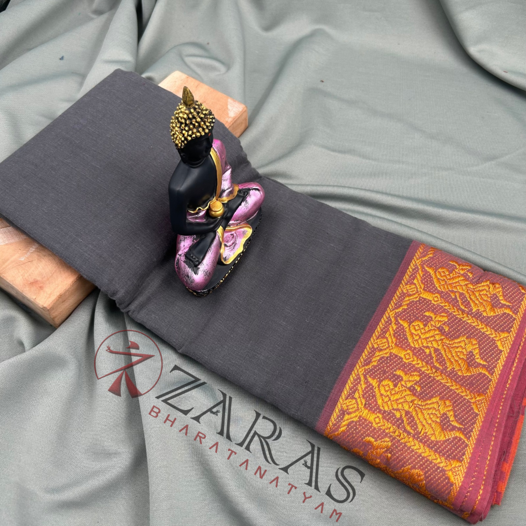 Bharatanatyam Dance Practice Saree - Grey Gold Doll Border image 0